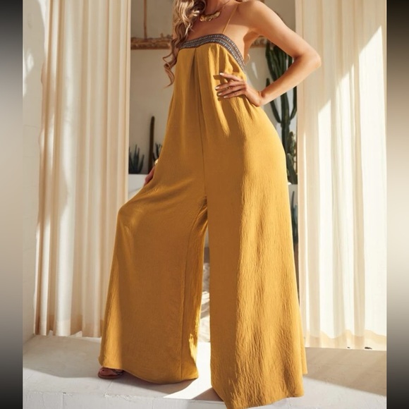 Boho Lace Backless Wide Leg Palazzo Pants Jumpsuit - Picture 6 of 7